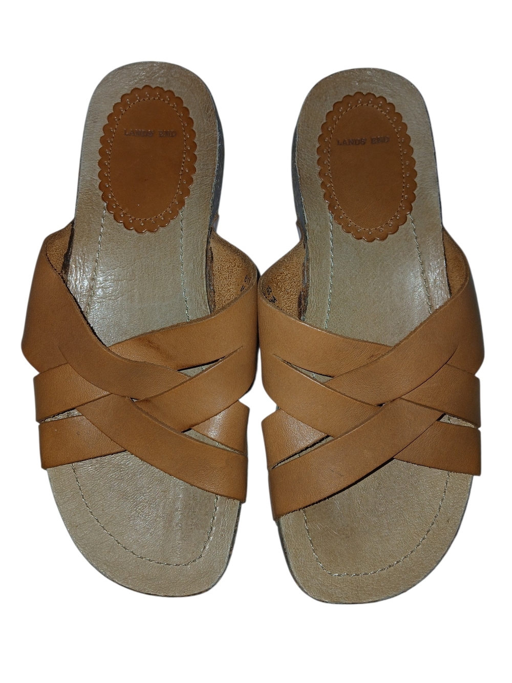 Lands' End Tan Crisscross Leather Slide Sandals